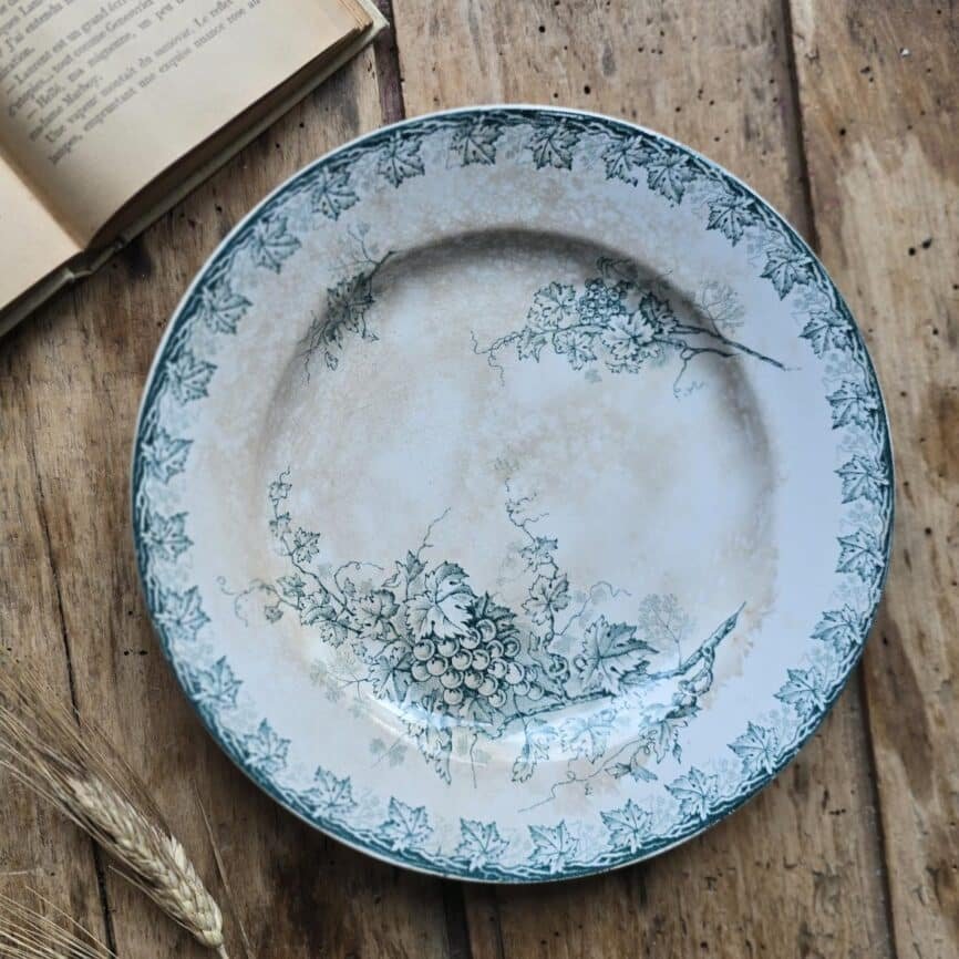 Assiette ancienne modèle Raisin, Faïencerie Amandinoise, décor de vigne et patine