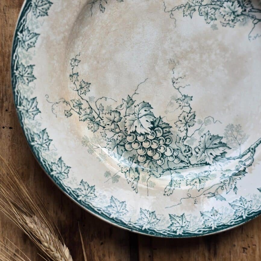Zoom sur décor raisin vert et feuillage, faïence ancienne avec patine naturelle
