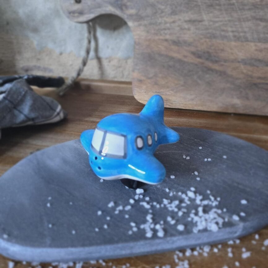 Salière en forme d’avion vue de face – détails peints à la main et roues apparentes