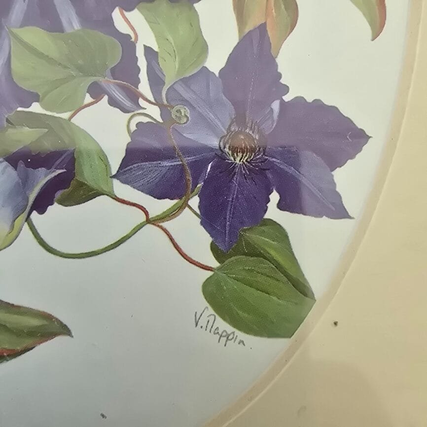 Détail d'une fleur violette signée V. Mappin – illustration encadrée sous verre
