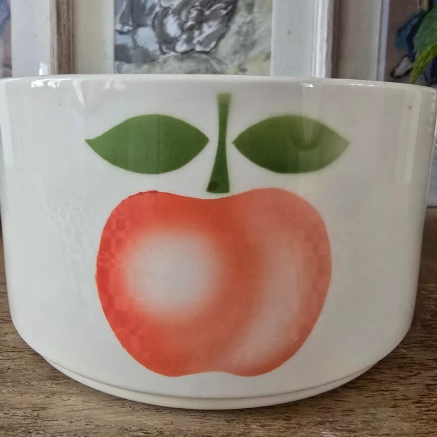 Saladier vu de face, mettant en valeur le motif pomme centré sur le décor.