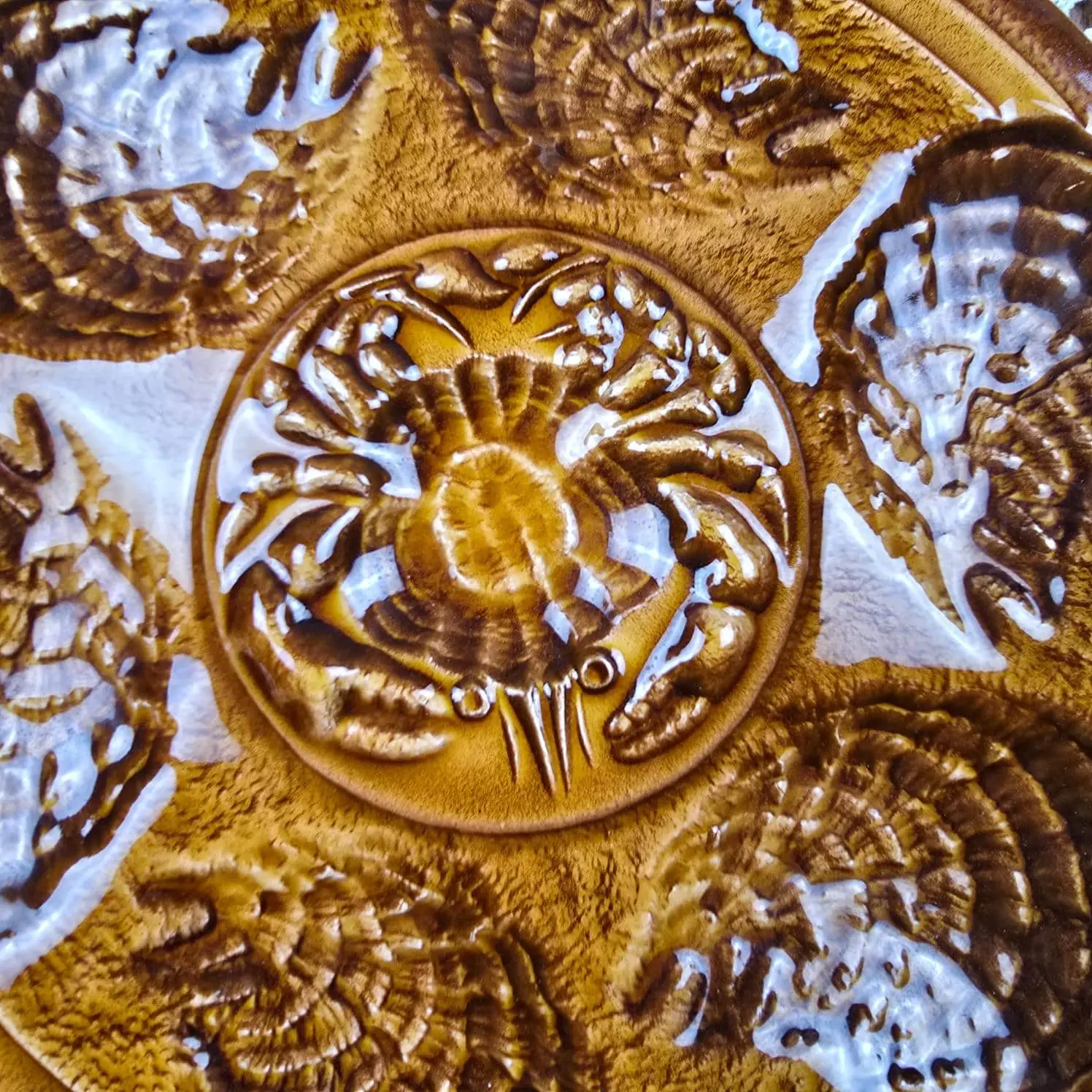 Assiette à huîtres Sarreguemines, vue rapprochée du décor brun en relief avec crabe