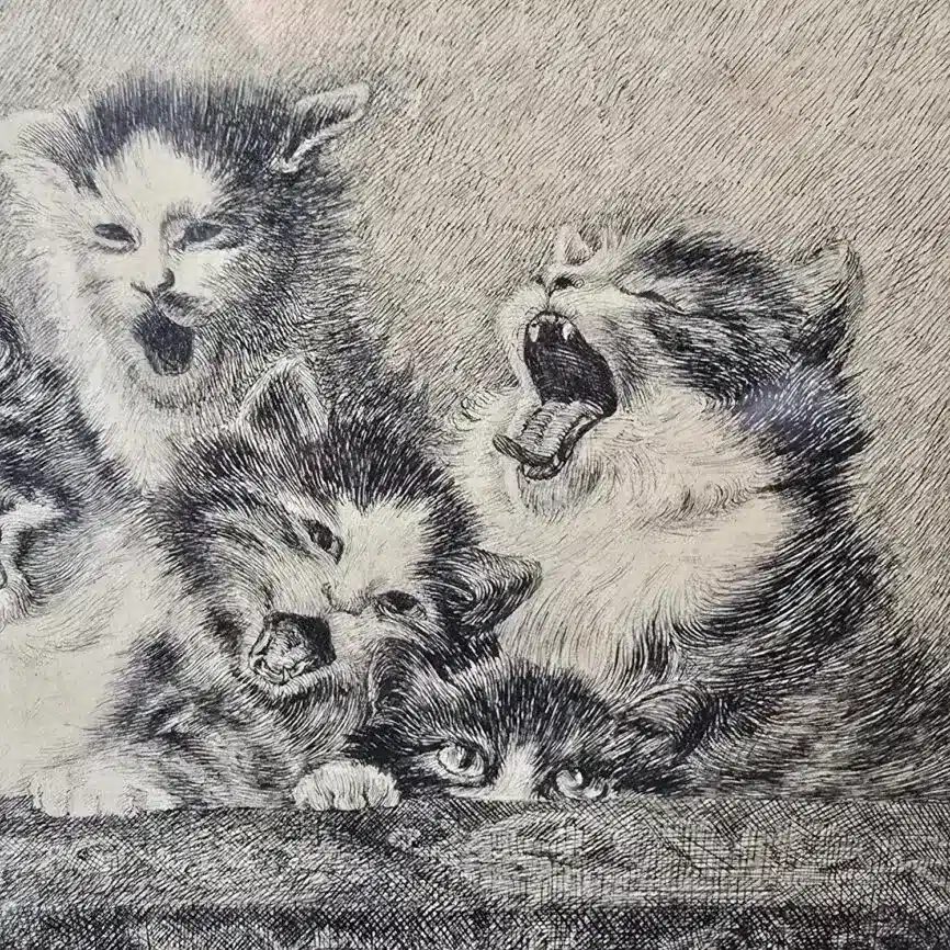 Détail de la scène : chatons bâillant et miaulant comme en plein concert.