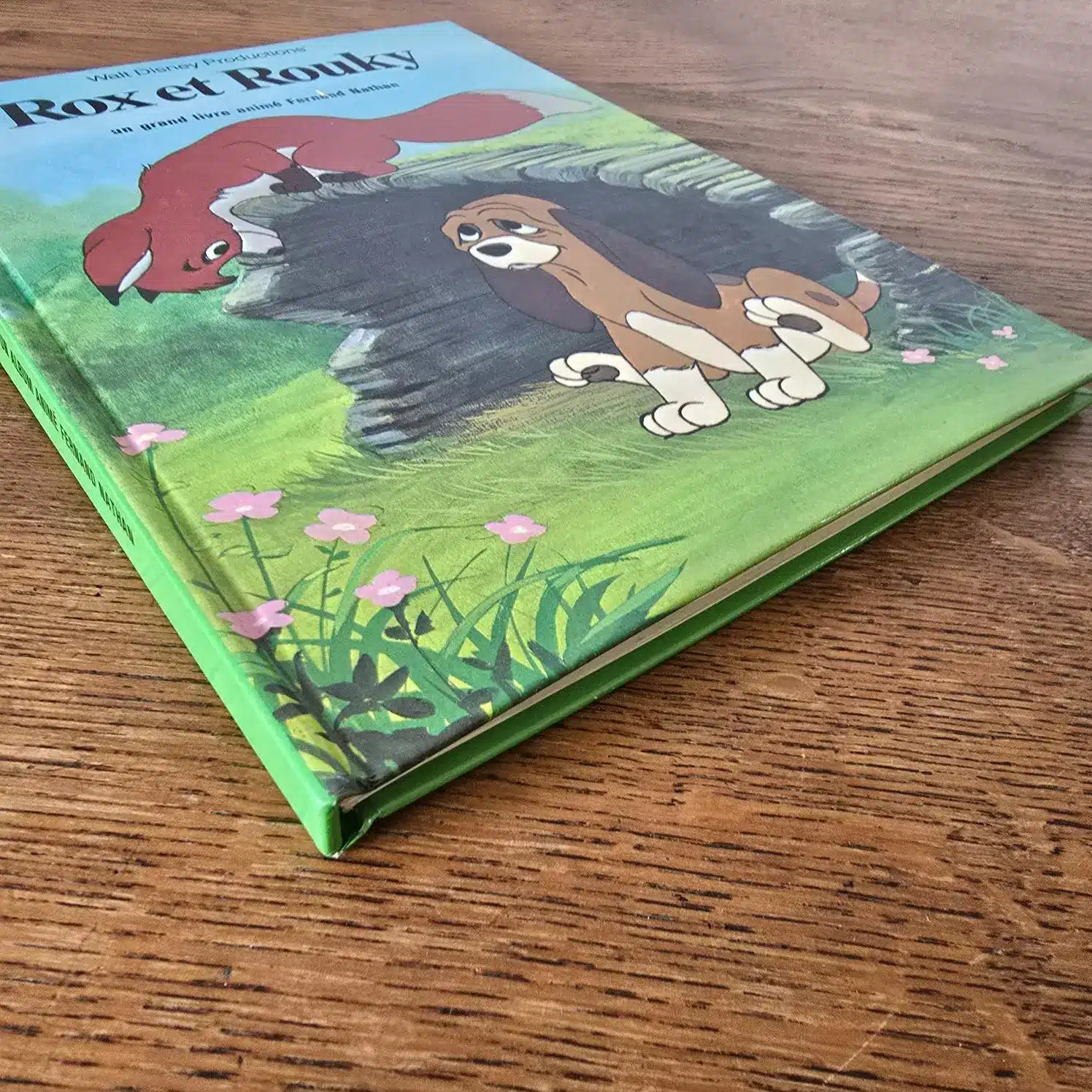 Vue du livre animé Rox et Rouky légèrement incliné, couverture cartonnée.