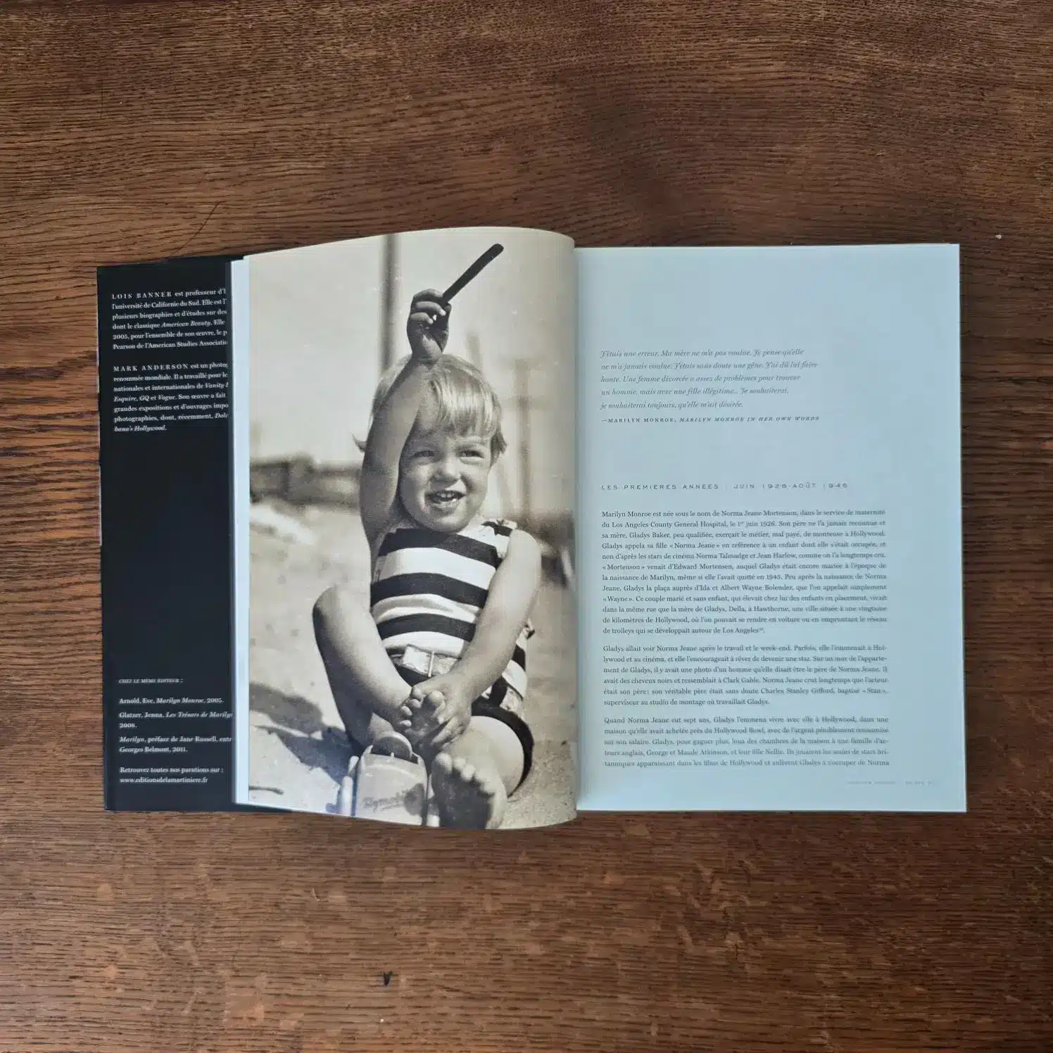 Page du livre MM Personal présentant une photo de Marilyn Monroe enfant et pensées personnelles.
