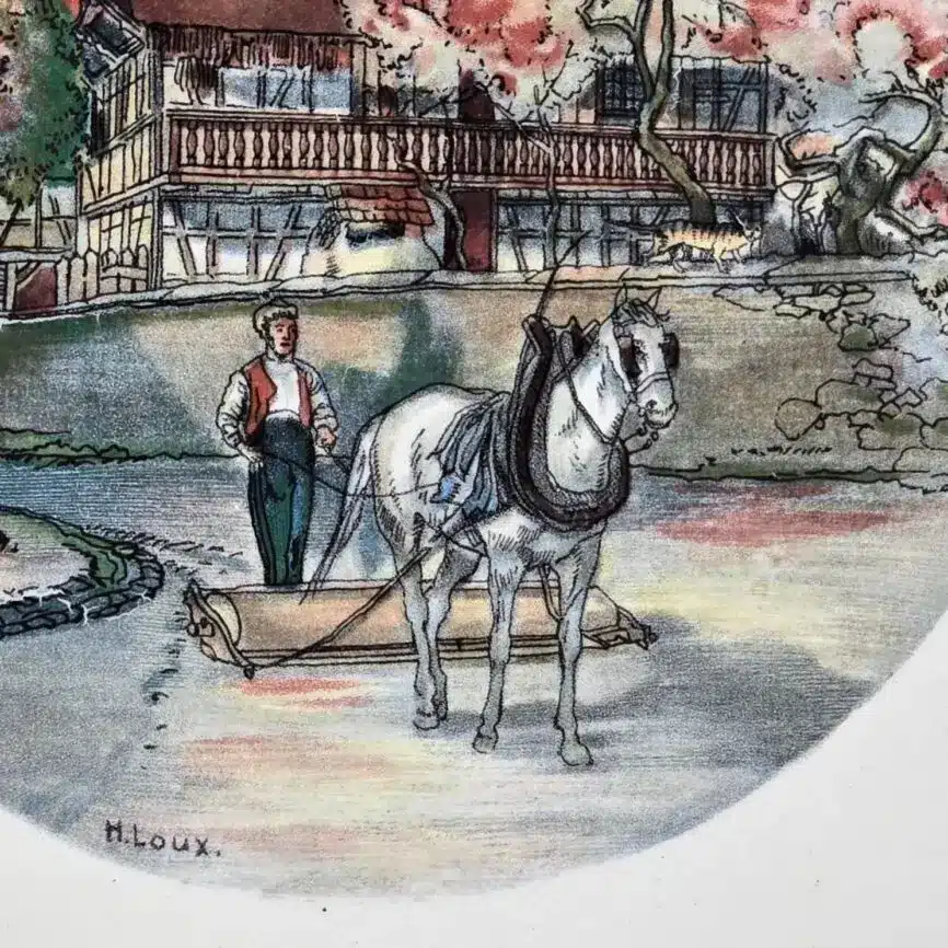 Gros plan de la scène Obernai avec cheval et conducteur, signé H. Loux.