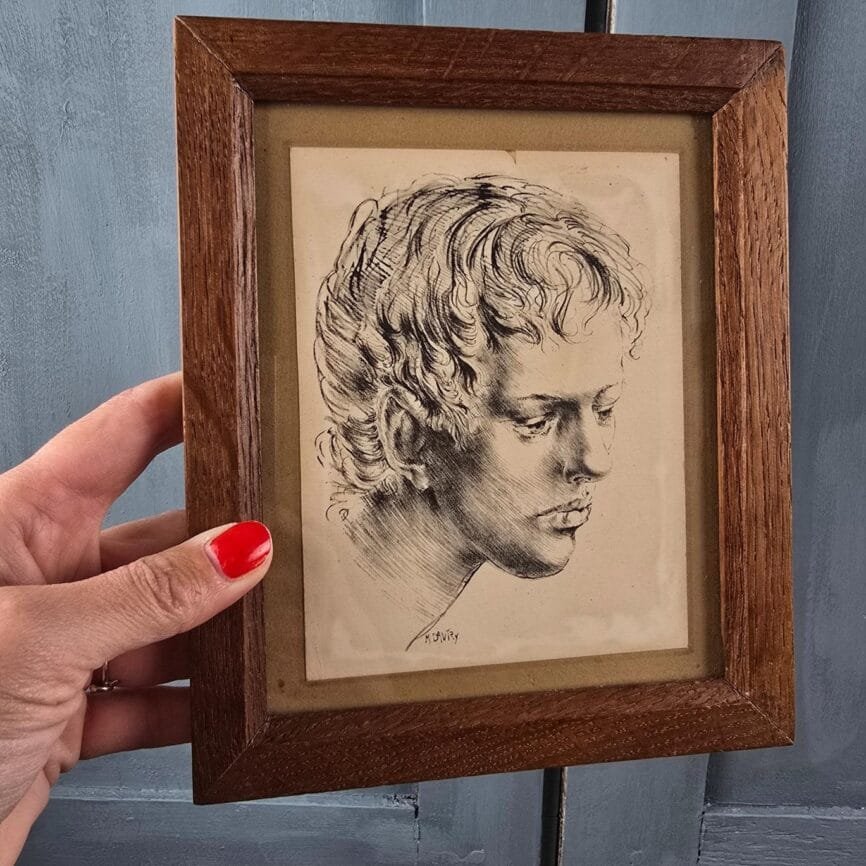 Petit cadre ancien portrait homme M. Davtry tenu en main