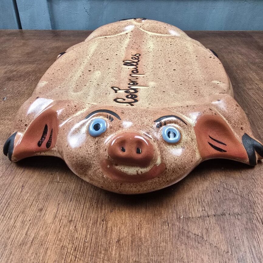 Plat vu de face, soulignant les détails du regard et la typographie du mot “Cochonailles”.