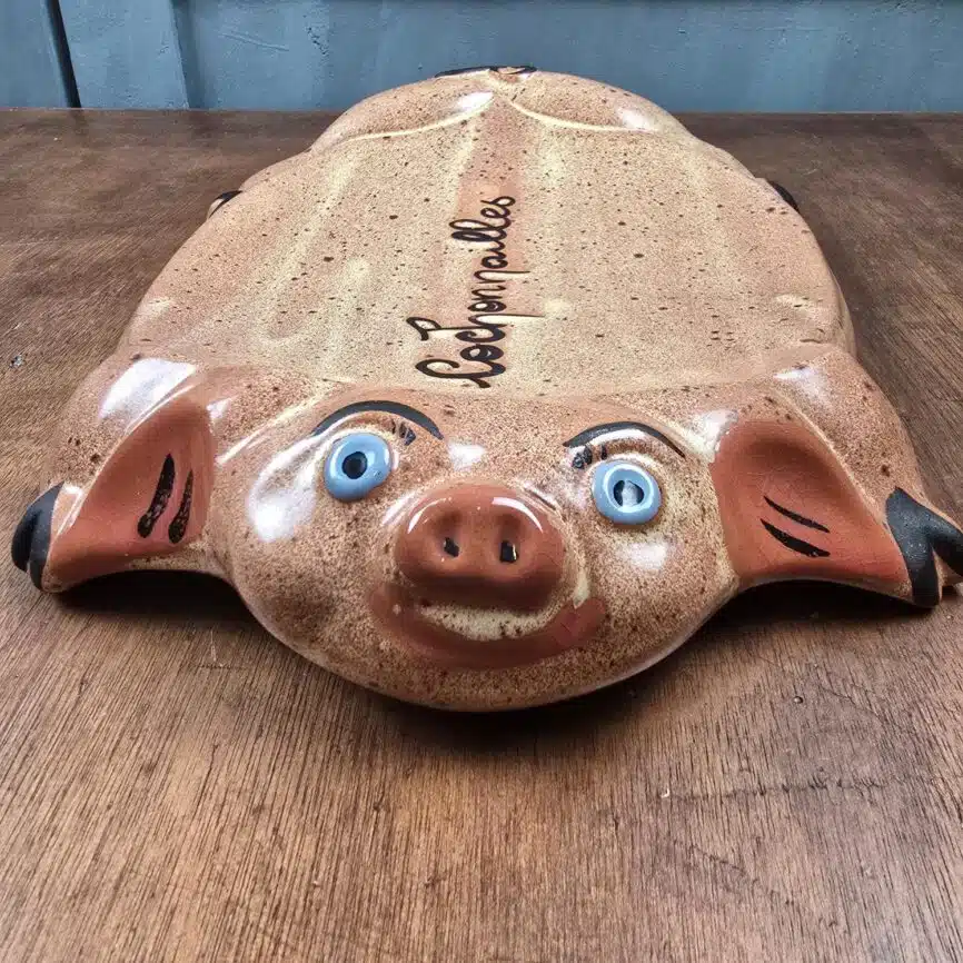 Plat vu de face, soulignant les détails du regard et la typographie du mot “Cochonailles”.