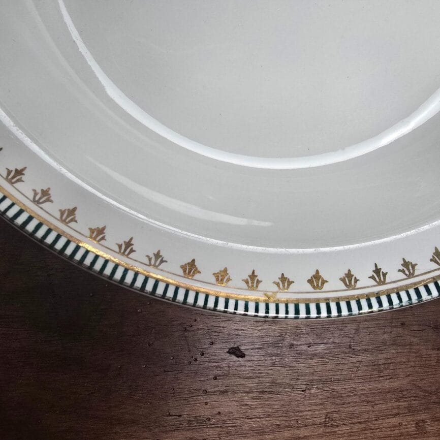 Gros plan sur les motifs dorés et verts du bord du plat.