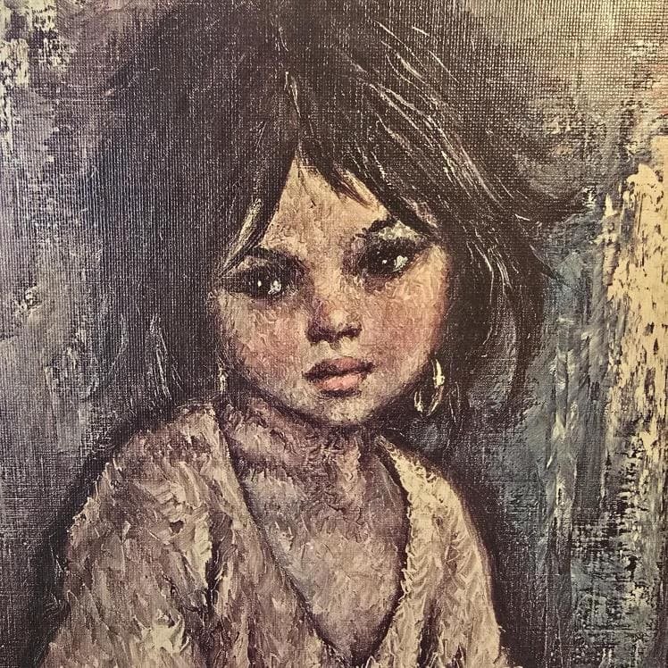 Détail du visage de la jeune fille, regard triste et peinture texturée