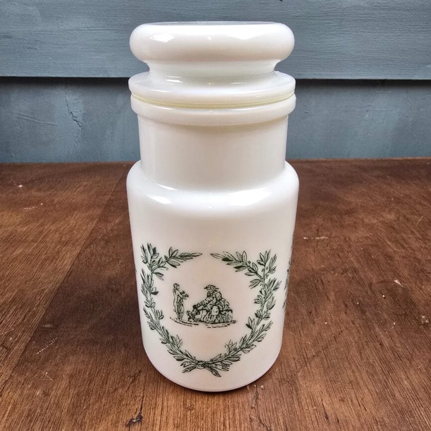 Pot apothicaire en verre opale blanc Made in Italy décor vert vintage