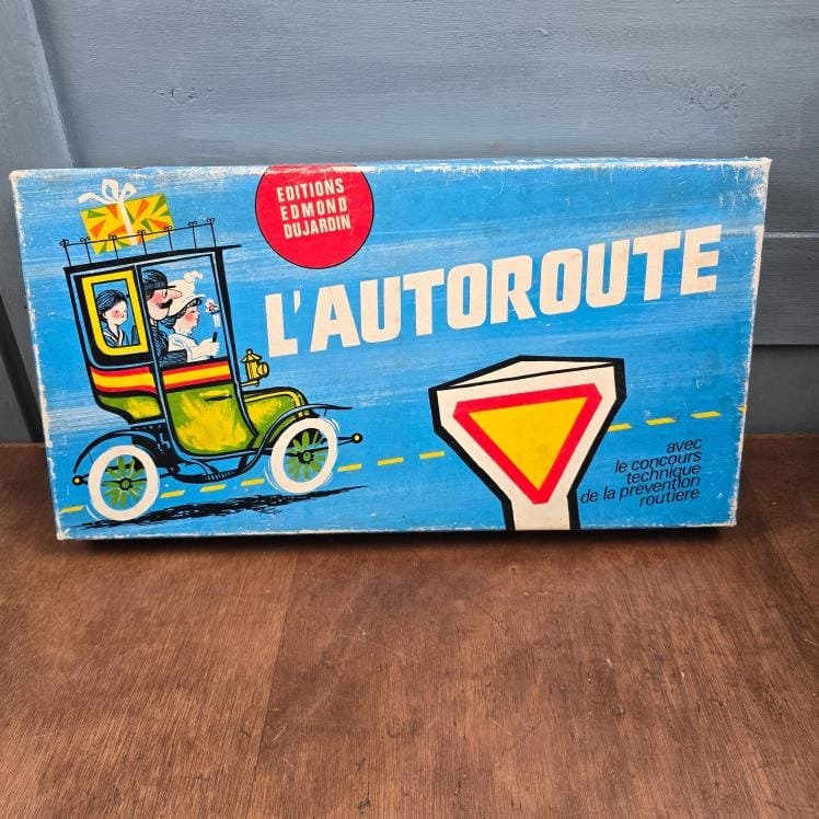 Jeu de société vintage "L'autoroute", édition Dujardin sur table en bois