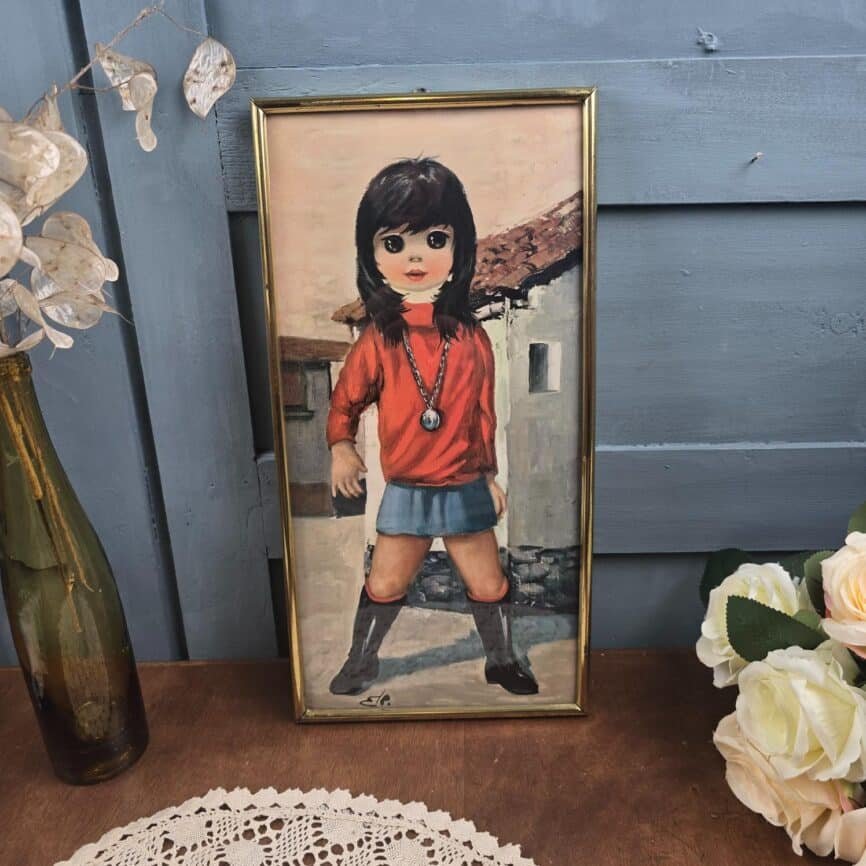 cadre vintage enfant style seventies illustration fillette grands yeux