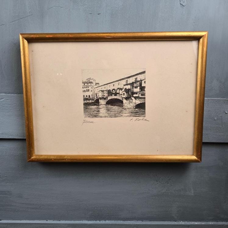gravure estampe vintage ponte vecchio florence accrochée au mur