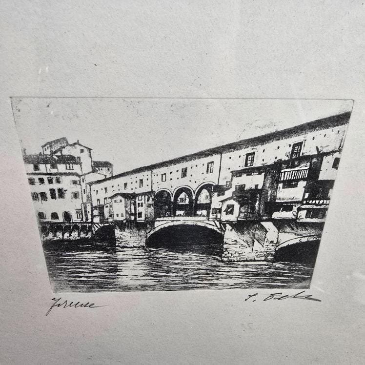 Zoom sur la gravure vintage du ponte vecchio
