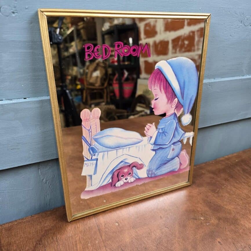 miroir sérigraphié "bed room", made in Korea, seventies vintage, vue de trois quart