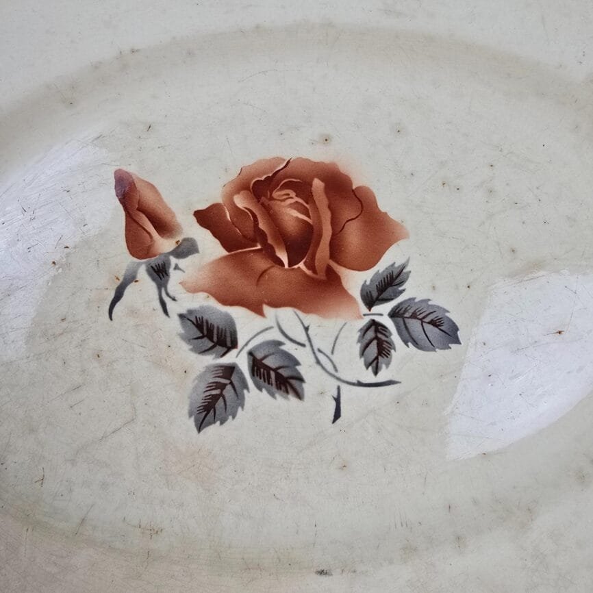 plat digoin sarreguemines rose terre de fer vue rapprochée du décor rose