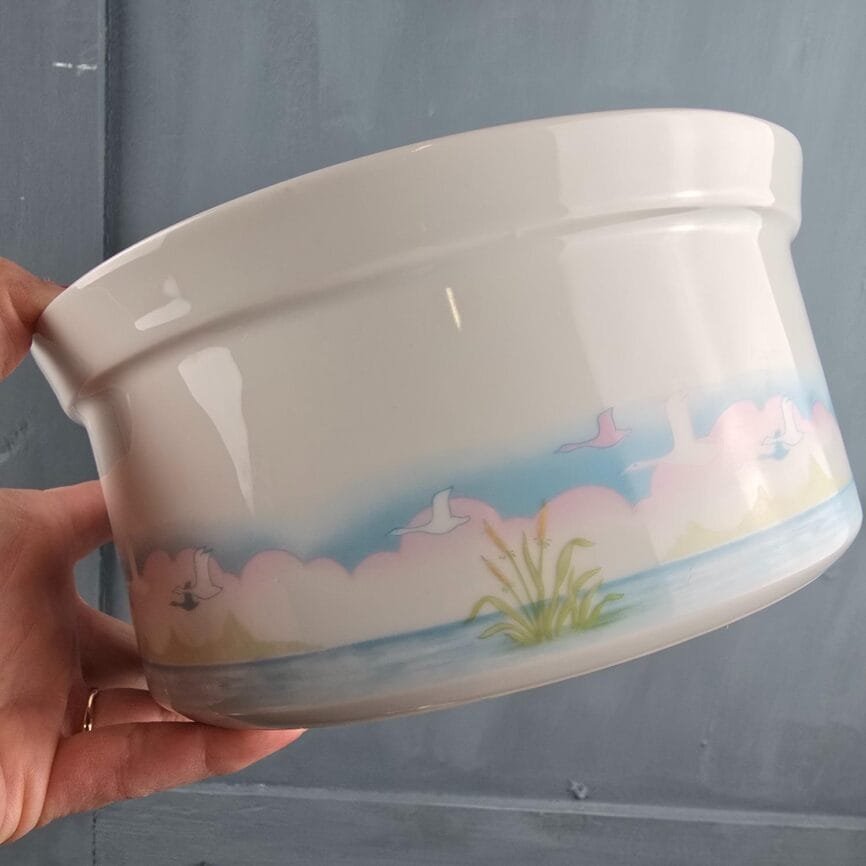 saladier porcelaine sologne decor camargue oiseaux vintage en main pour visualiser la taille