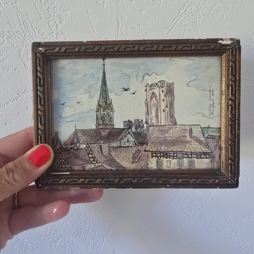 Aquarelle ancienne Rouffach Alsace 1977 – Encre de Chine signée, tenue en main