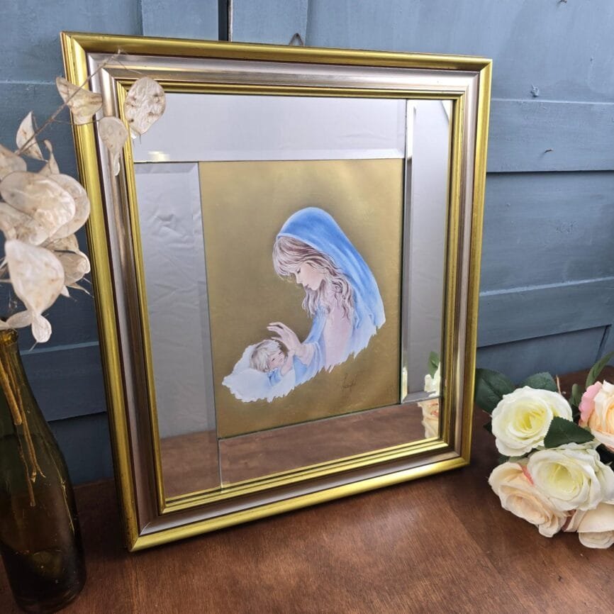 Cadre vintage Vierge à l’enfant sur feuille d’or, contour miroir, ambiance vintage