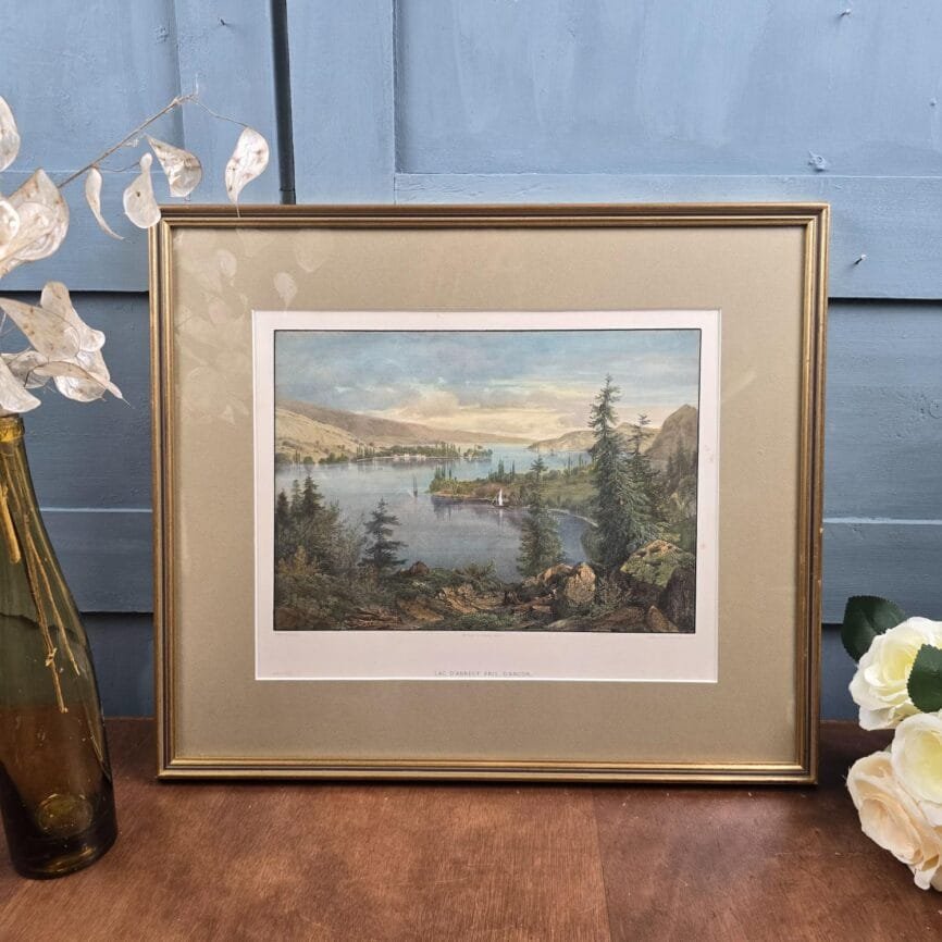 Lithographie ancienne Lac d’Annecy pris d’Angon – Cadre doré XIXe