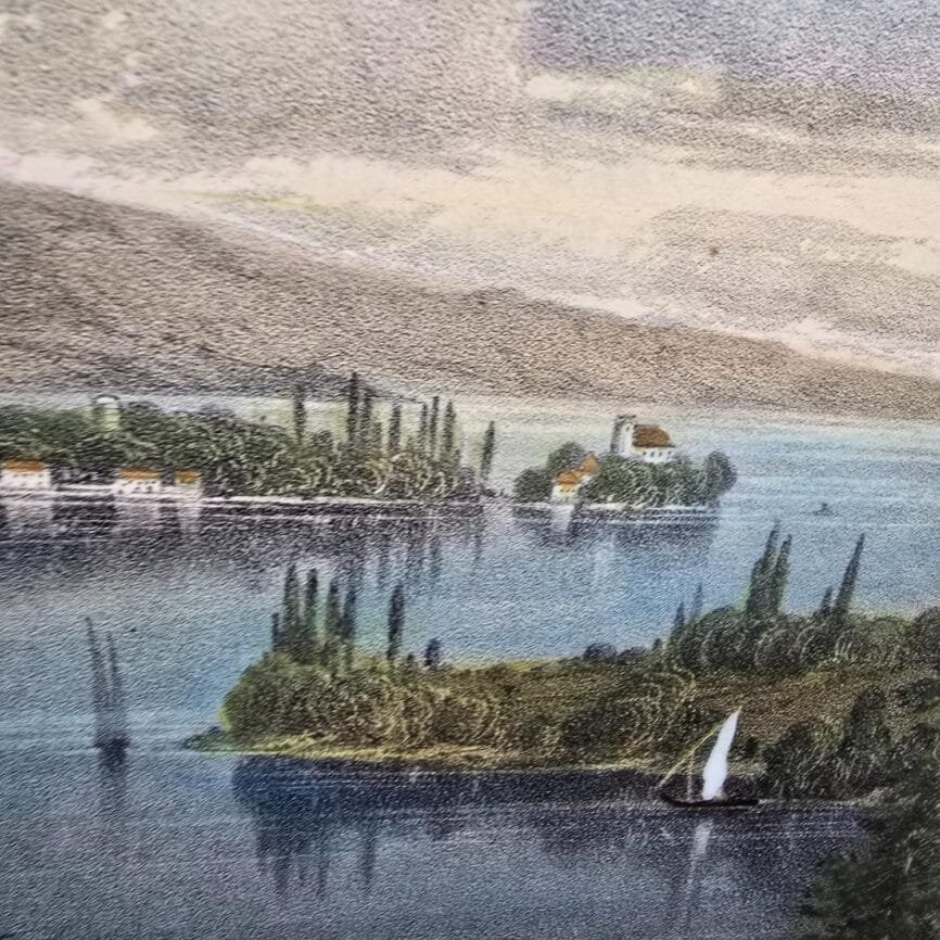 Lithographie ancienne Lac d’Annecy pris d’Angon, vue rapprochée du payasage
