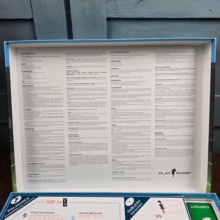 Jeu de société Play Rugby XV, Jeu officiel LNR bilingue complet, notice imprimée sur couvercle intérieur
