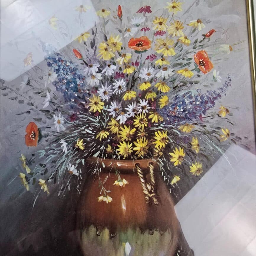 Cadre vintage bouquet de fleurs signé Roca – Impression décorative sous verre, zoom sur les fleurs
