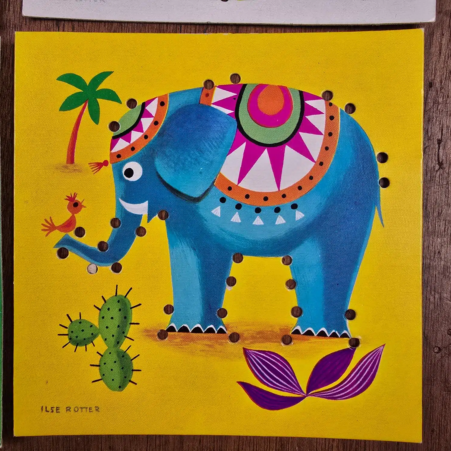 Jeu éducatif vintage Premiers Piquages Fernand Nathan, illustration Ilse Rotter éléphant bleu