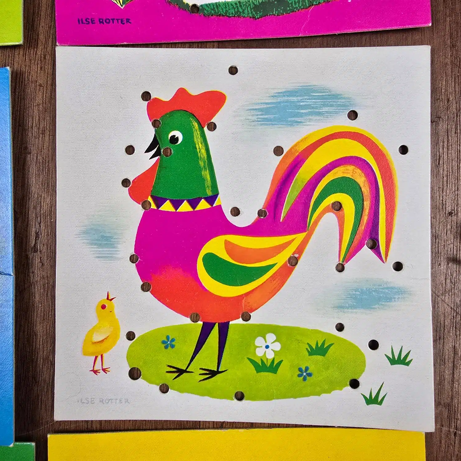 Jeu éducatif vintage Premiers Piquages Fernand Nathan, illustration Ilse Rotter coq et poussin