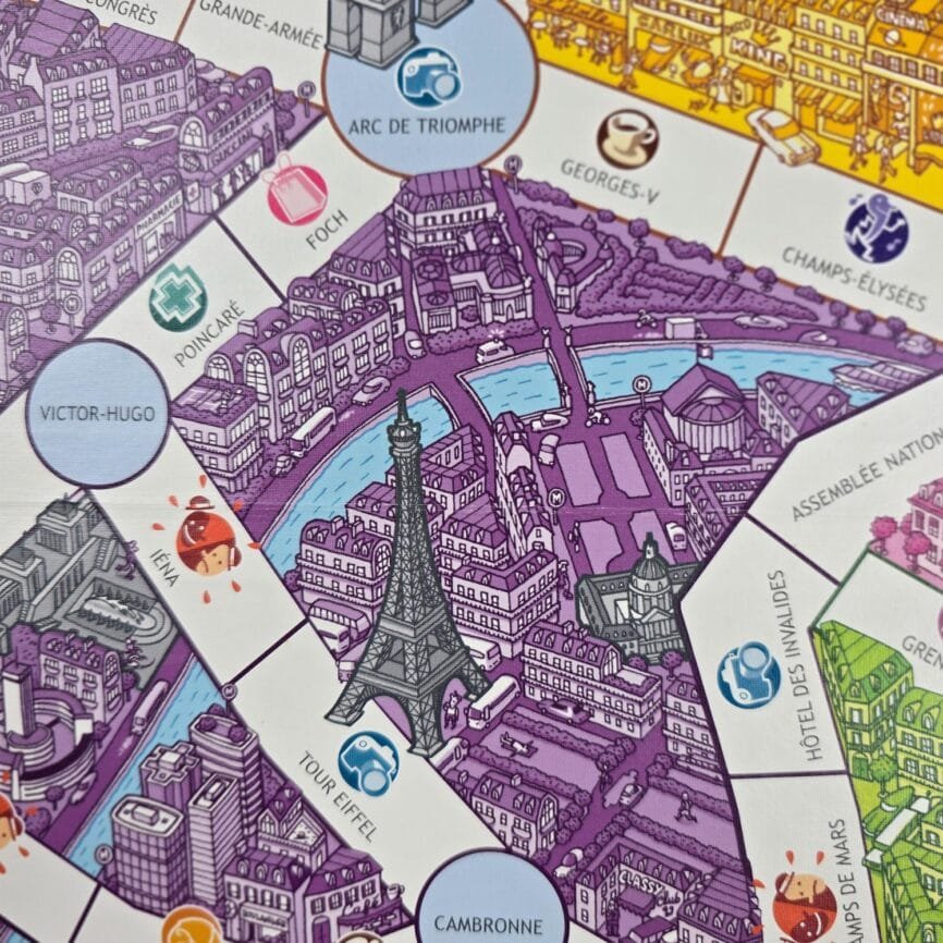 Jeu de société TaxiFolie Ravensburger 2006, plan de Paris vue sur la tour Eiffel
