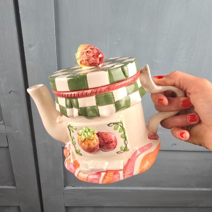 Théière vintage pot de confiture aux fraises – Céramique émaillée fantaisie tenue en main