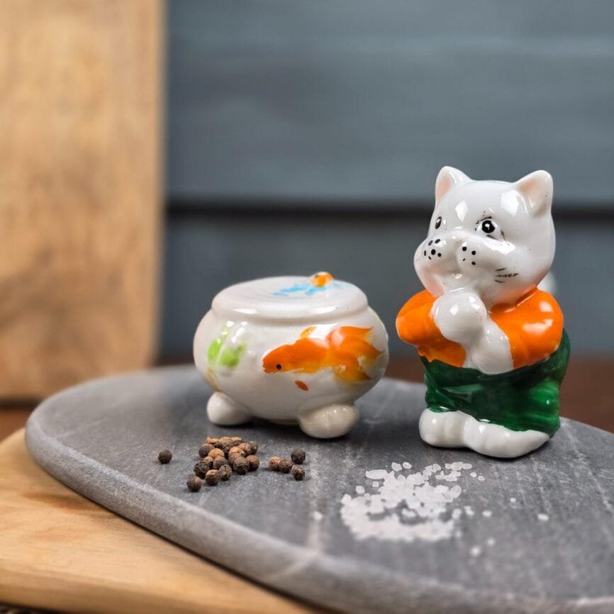 saliere poivriere chat aquarium ceramique zoomorphe kitsch vintage original