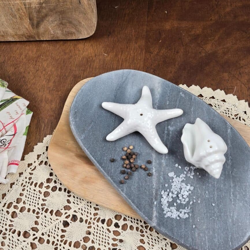 Set salière poivrière coquillage et étoile de mer en céramique blanche, vue de dessus