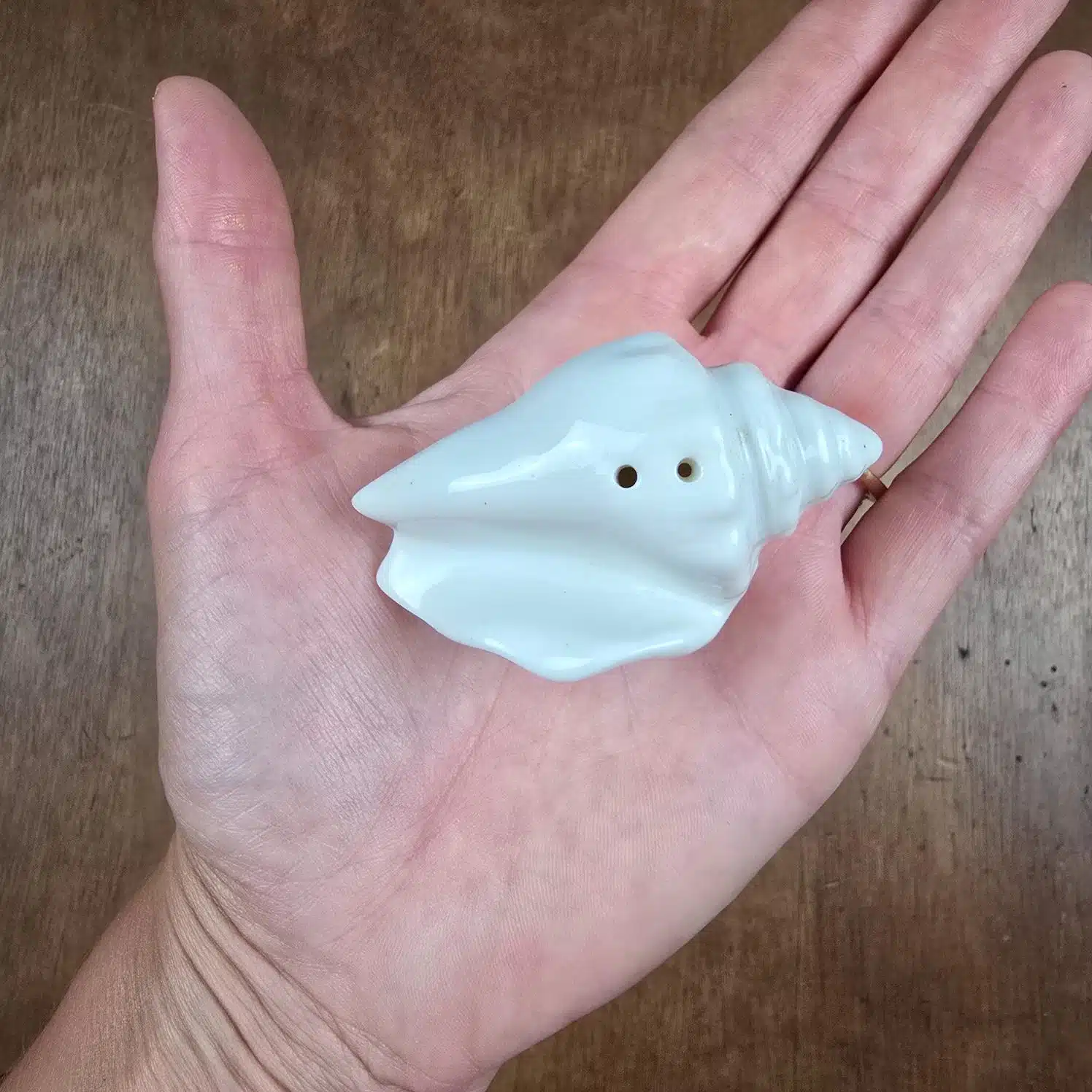 Salière en forme de coquillage en céramique blanche tenue en main