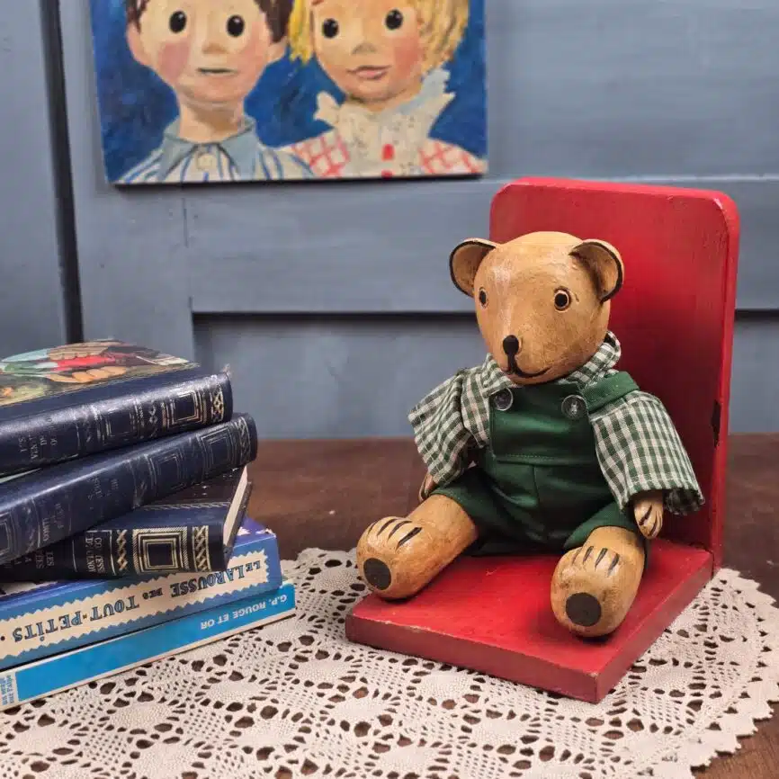 serre livres ourson bois vintage deco enfant retro