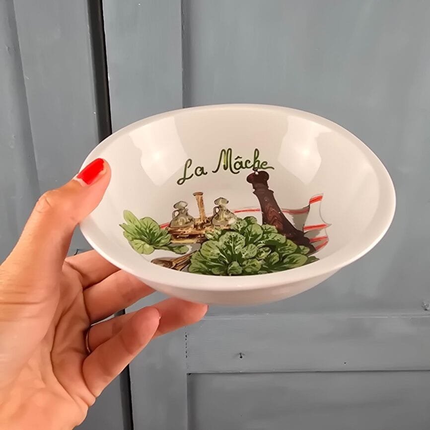 Bol à salade L'Hirondelle vintage, tenu en main, motif salade La mâche