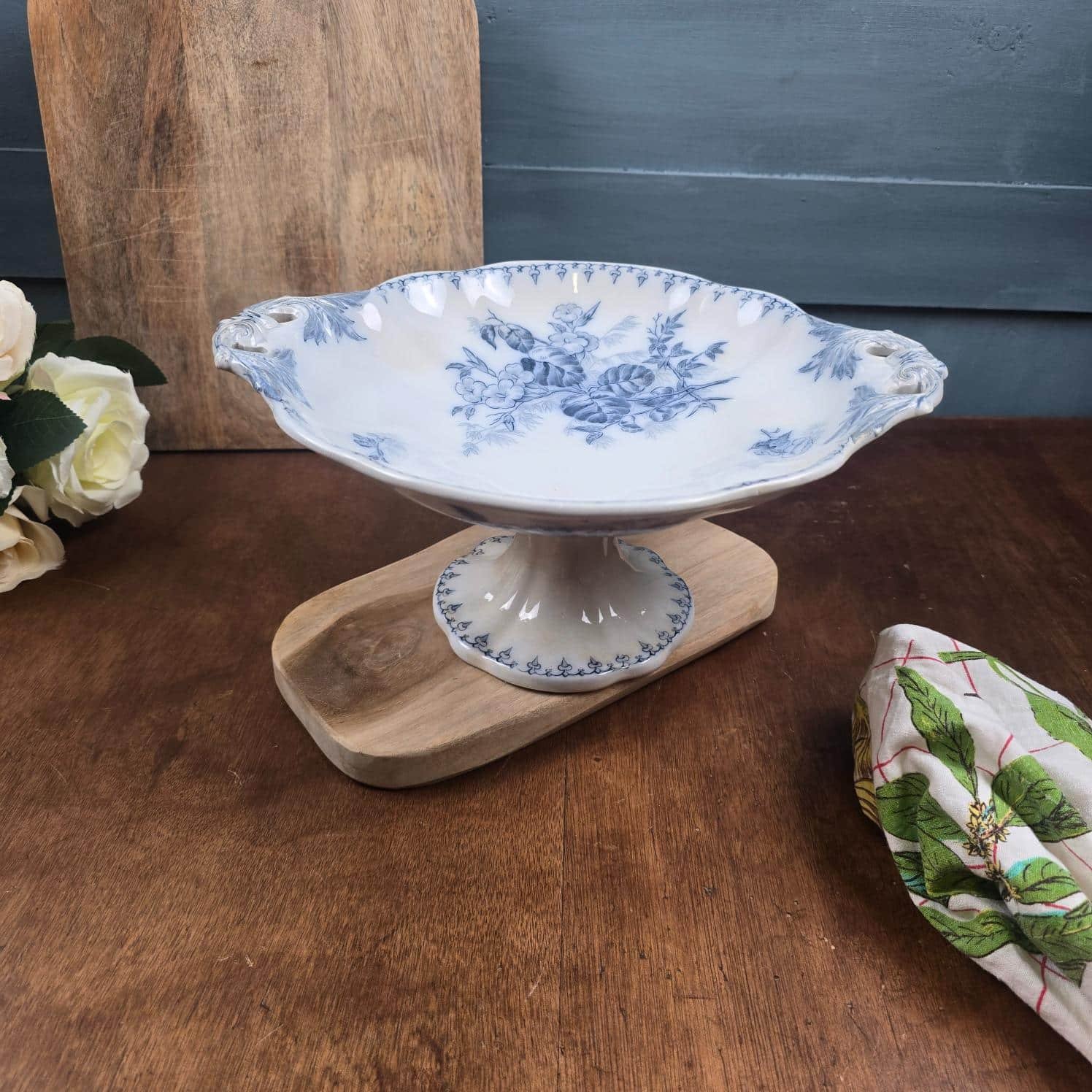 compotier flore sarreguemines terre fer bleu ancien
