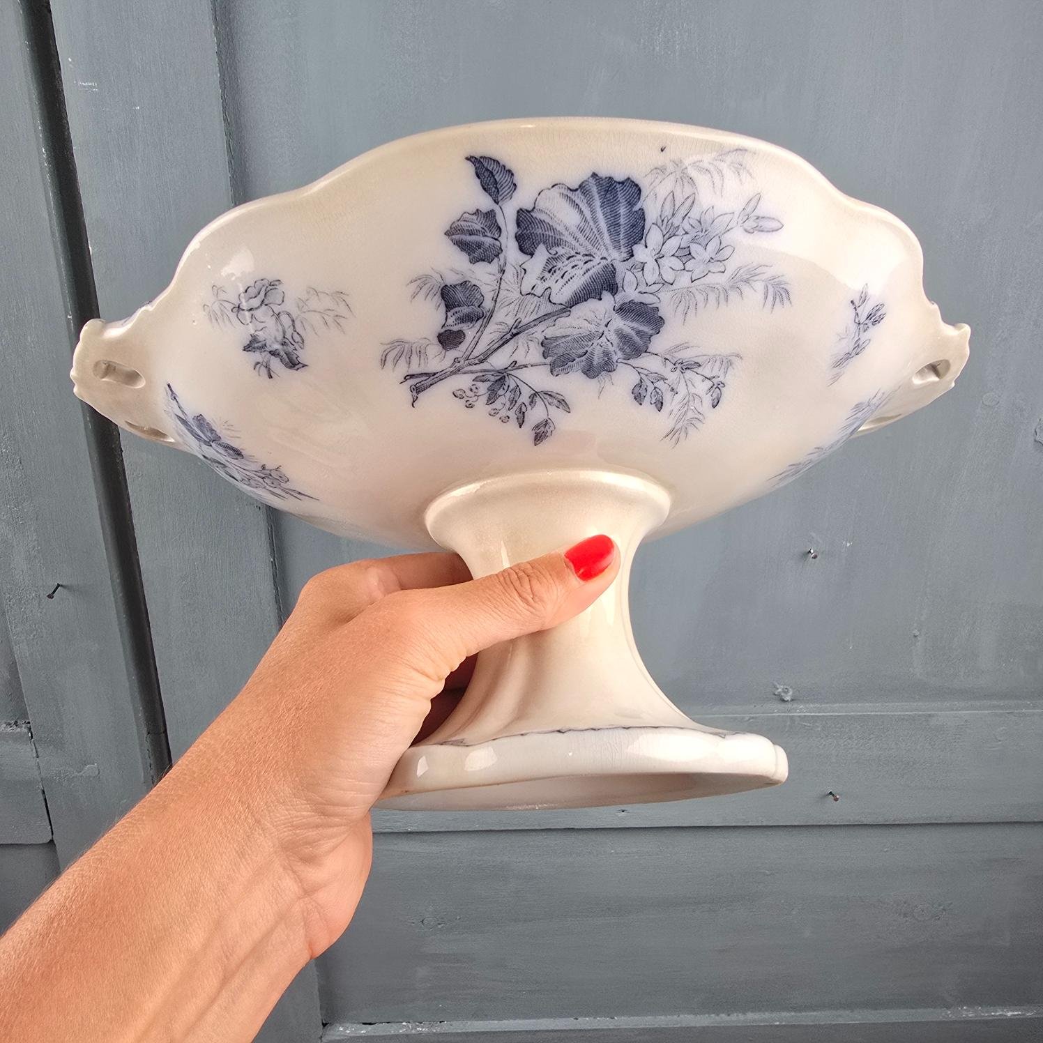 compotier flore sarreguemines terre fer bleu ancien