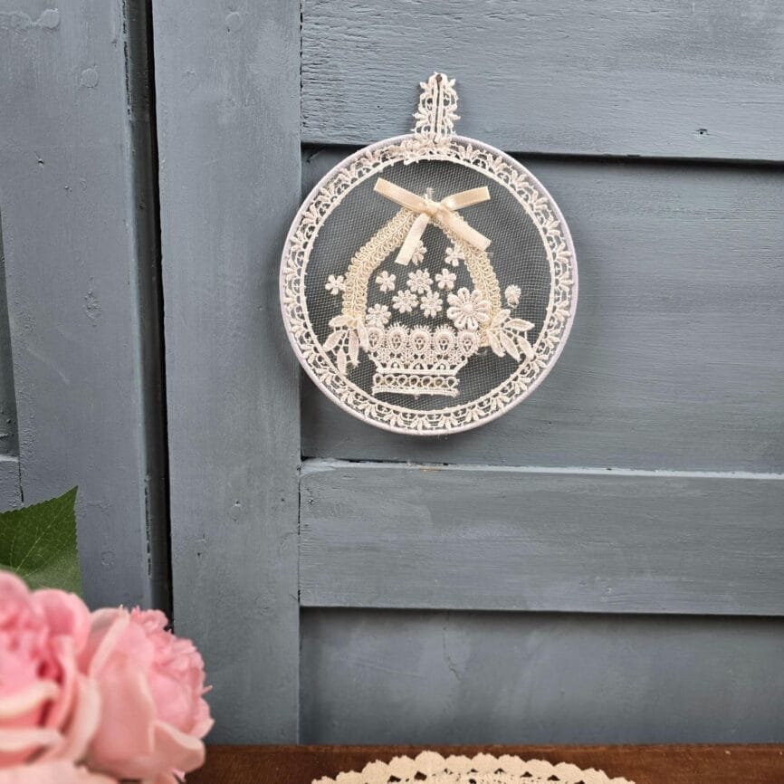 decoration murale vintage dentelle panier fleuri rond fait main