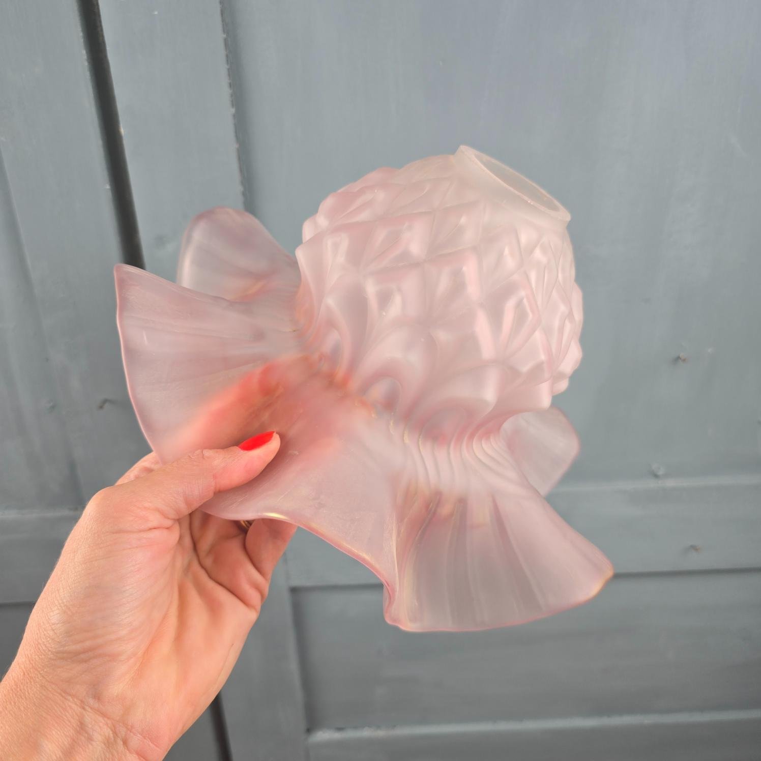 Abat-jour ancien en verre rose satiné, bord ondulé, tenu en main pour mesure