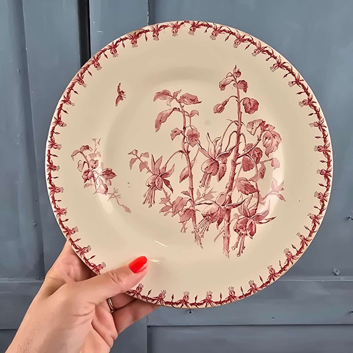 Assiette ancienne Gien Fuchsia, tenue en main pour mesure