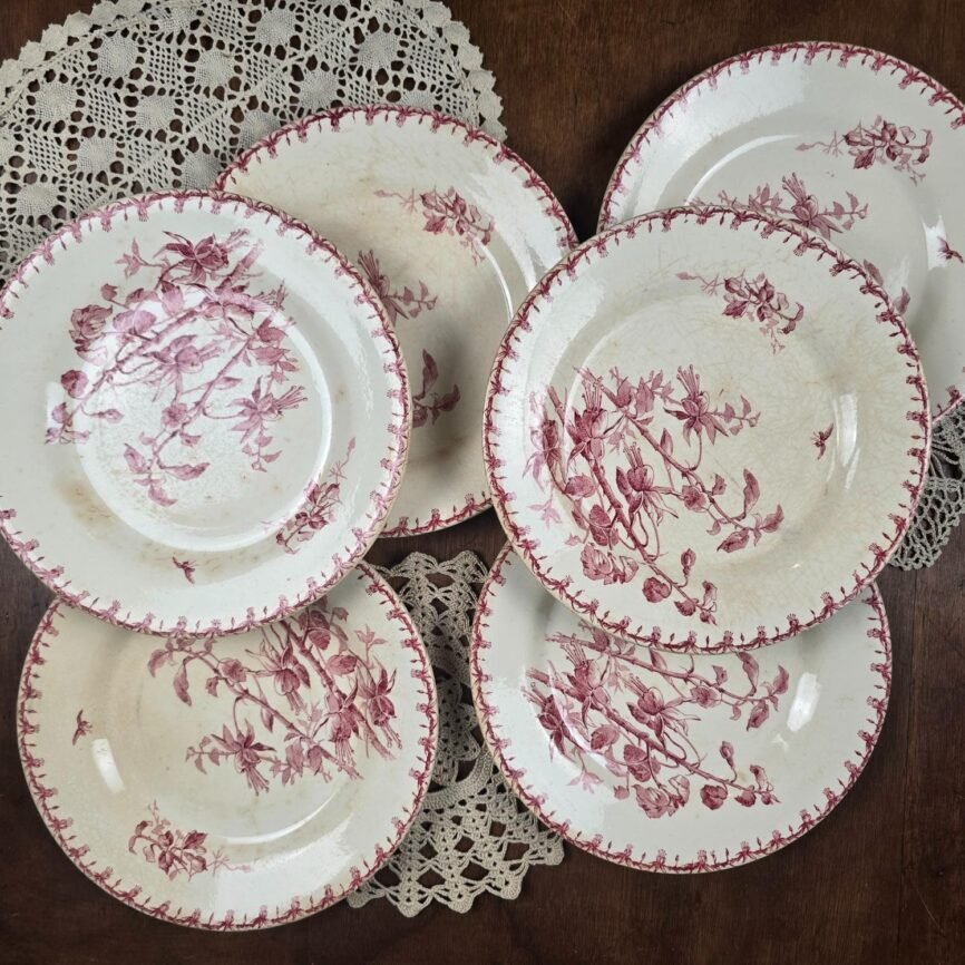 Lot de 6 Assiettes anciennes Gien Fuchsia, vue de dessus sur table en bois