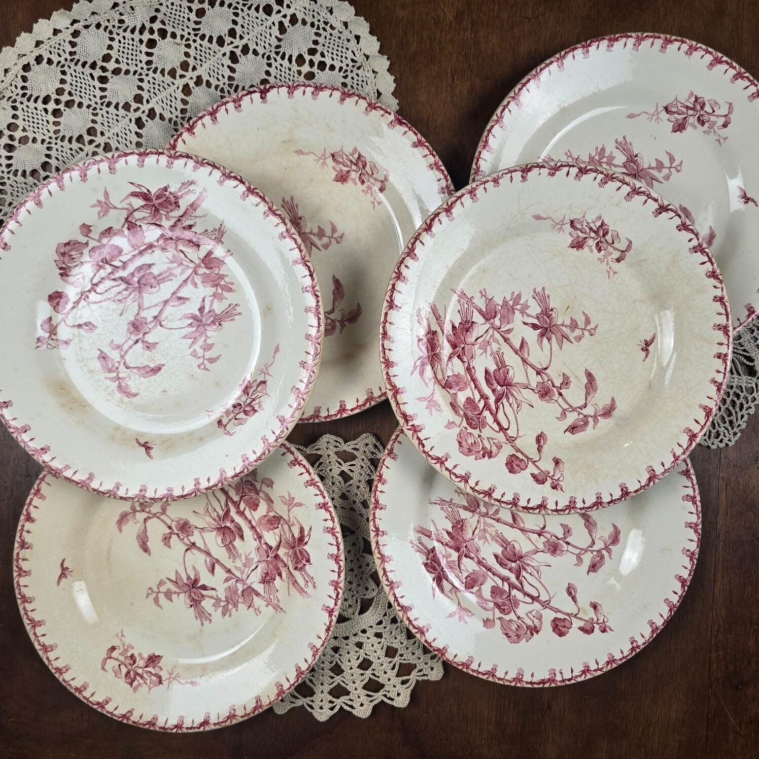 Lot de 6 Assiettes anciennes Gien Fuchsia, vue de dessus sur table en bois