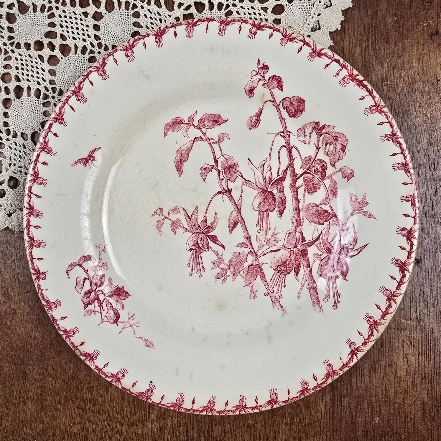 Assiette ancienne Gien Fuchsia numéro 5, vue de dessus sur table en bois