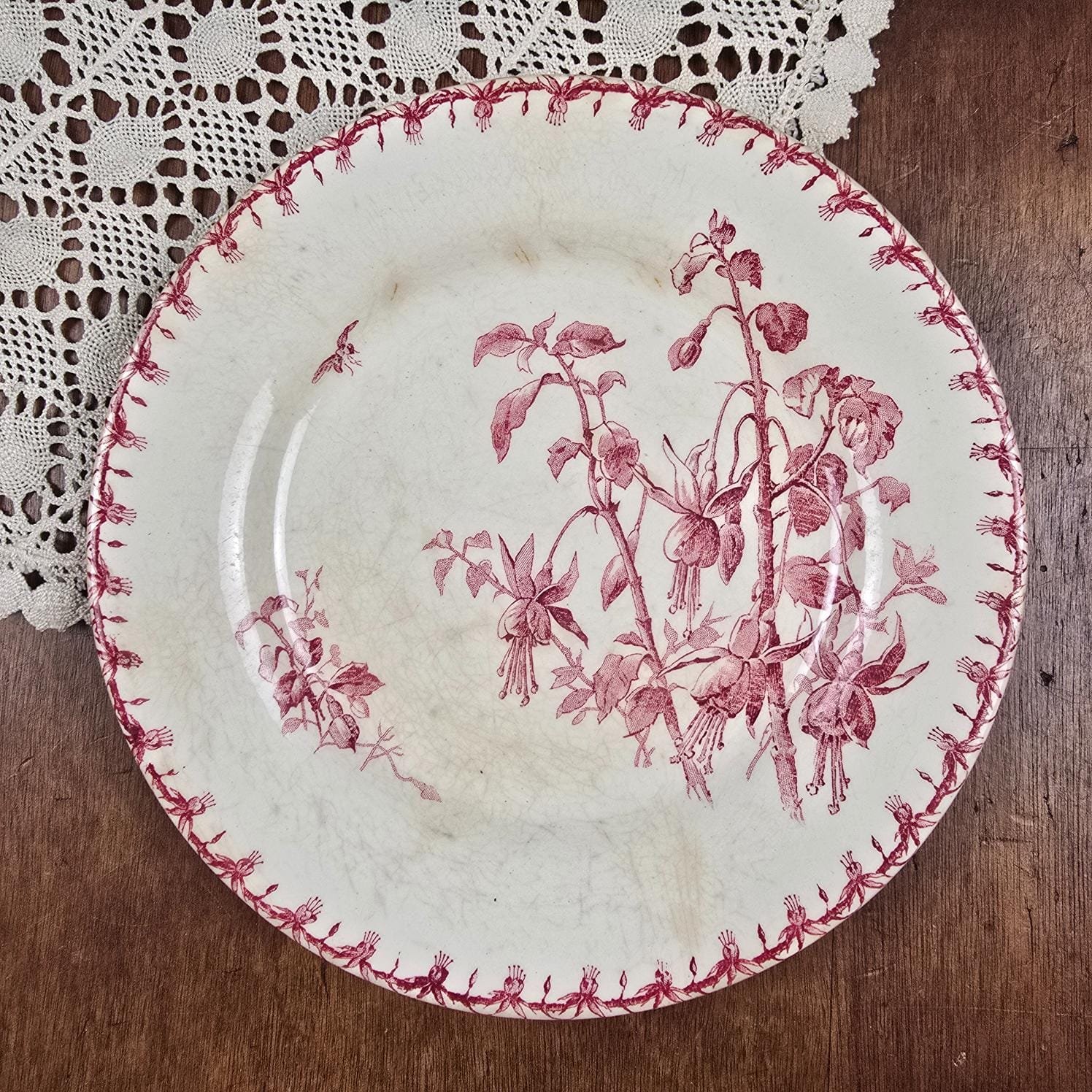 Assiette ancienne Gien Fuchsia numéro 3, vue de dessus sur table en bois