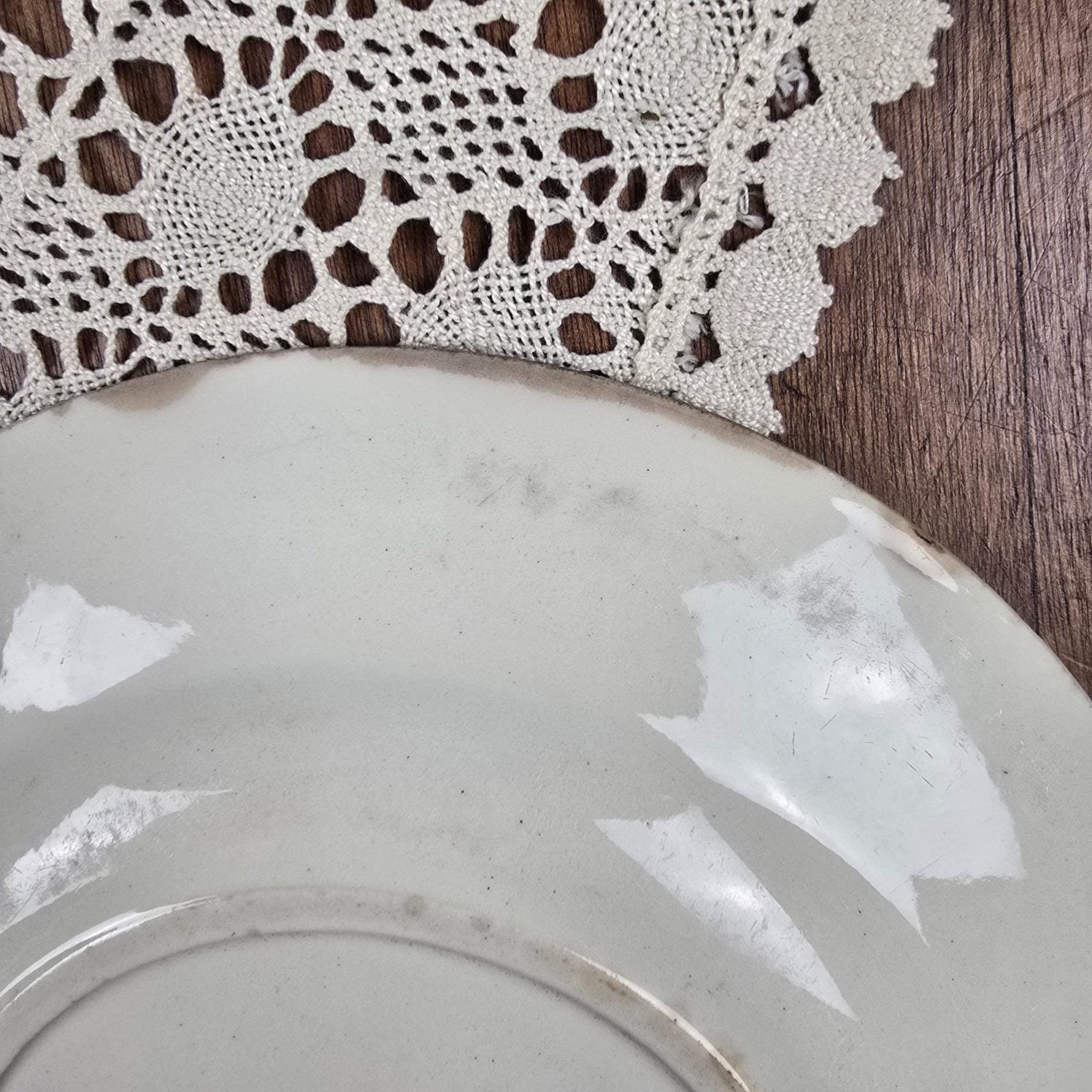 Vue rapprochée du bord d'une ancienne assiette Gien Fuchsia montrant la patine du temps