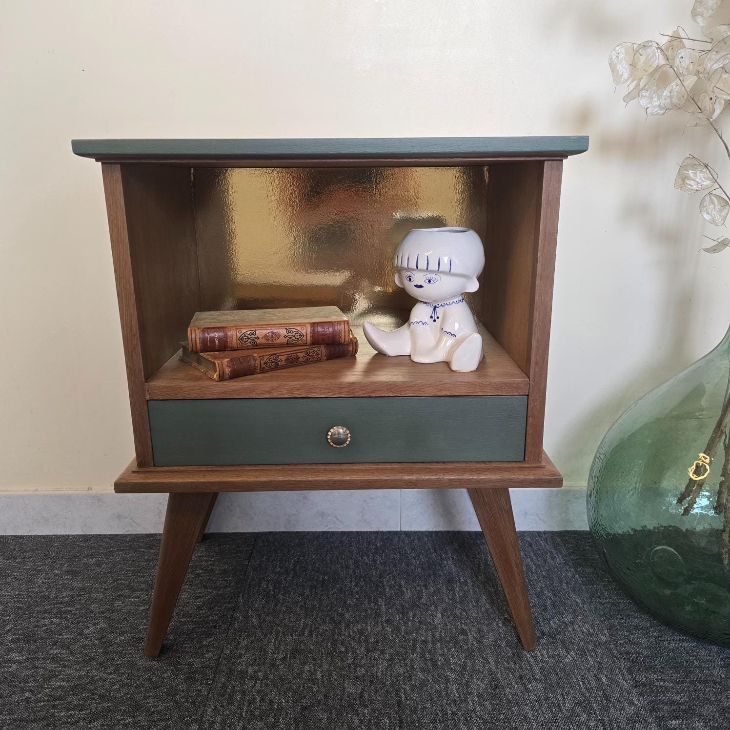 chevet vintage renove bois vert pieds compas
