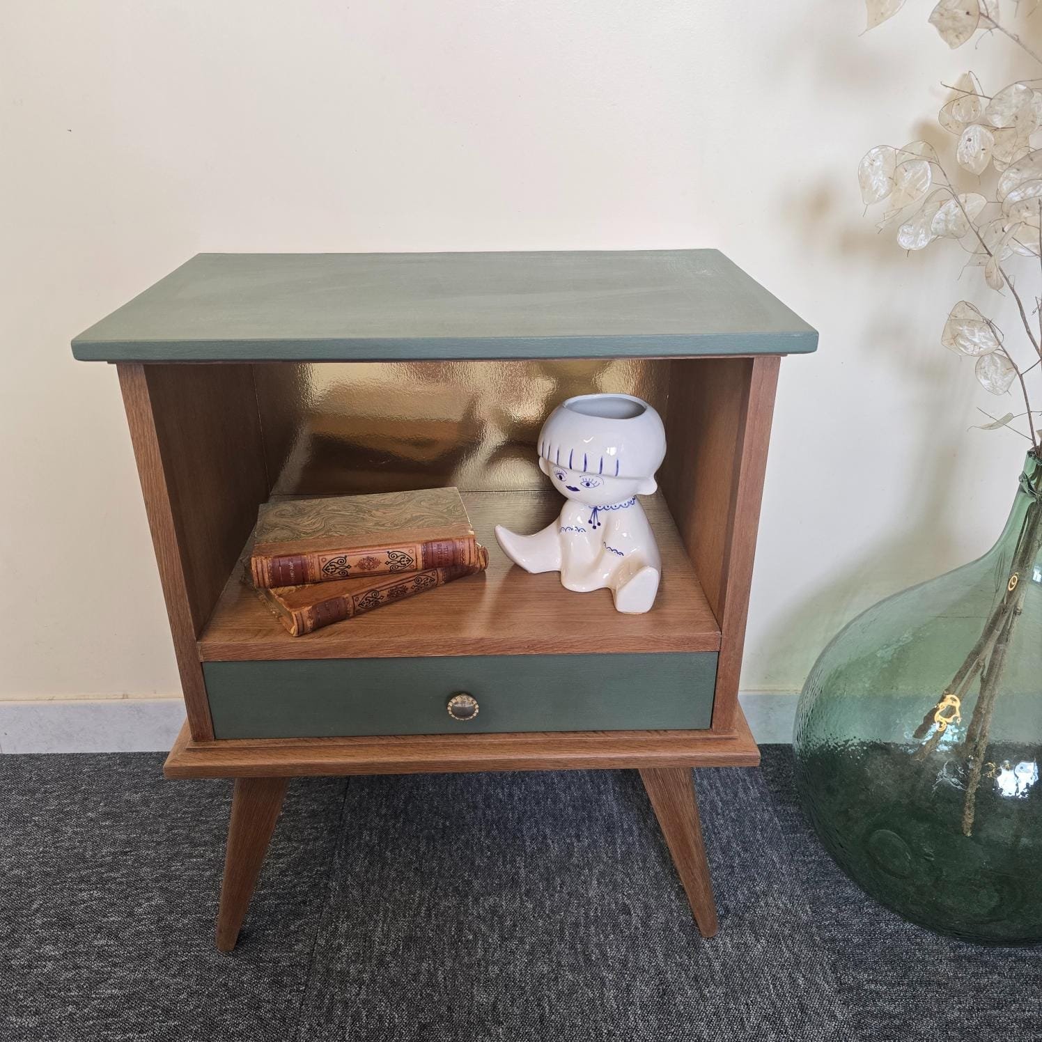chevet vintage renove bois vert pieds compas